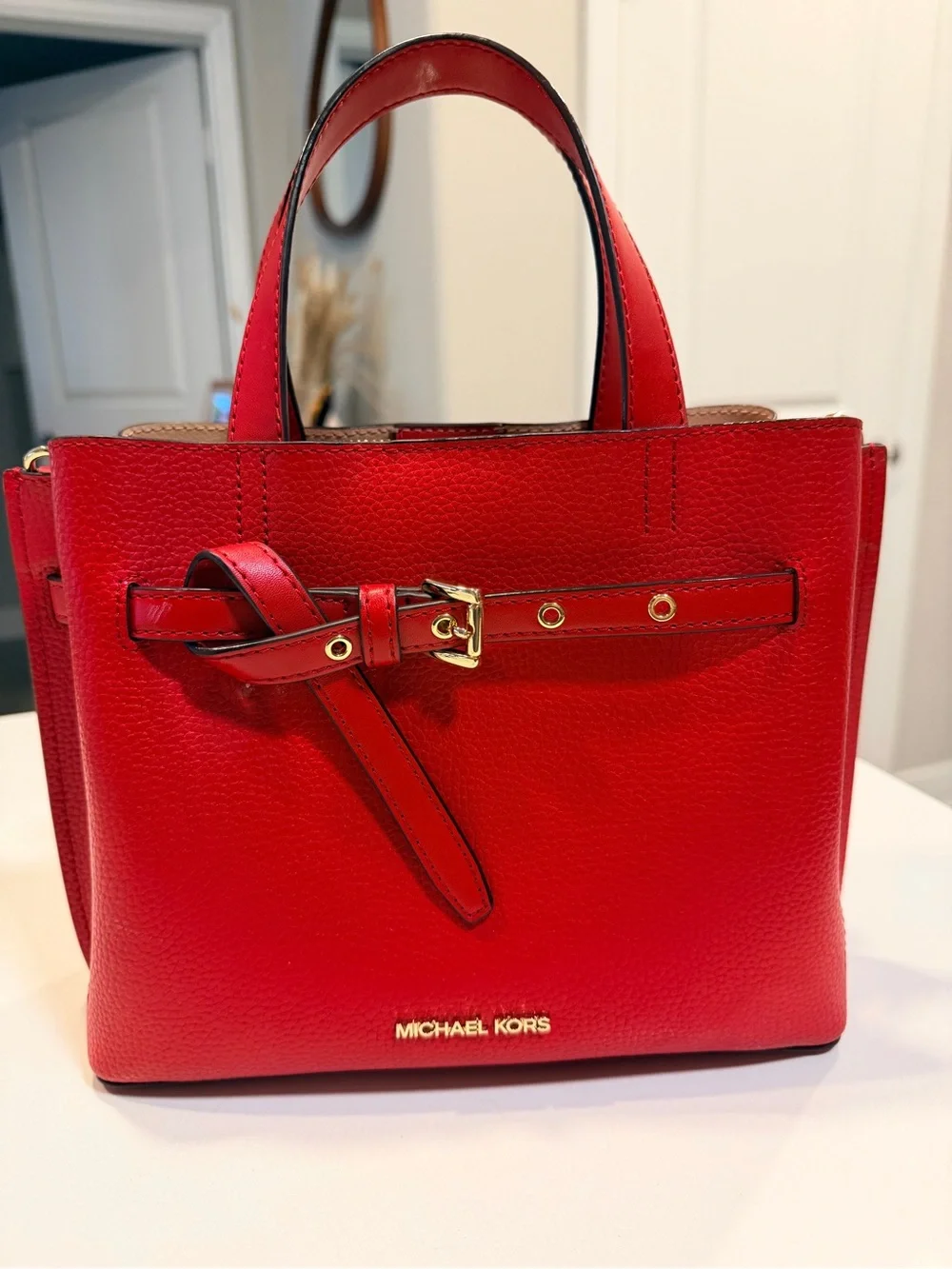 Michael Kors Red Pebbled Leather Belted Satchel Small Crossbody Bag w/strap